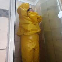 Darkabyss445: Yellow PVC Rainwear Wet in Shower