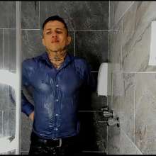 WETColours: Nico in the Shower in a Blue Shirt and Jeans