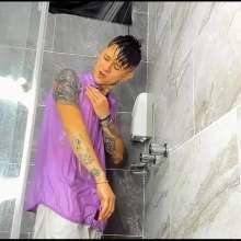 WETColours: Nico in the Shower with Purple Shirt and White Pants