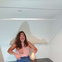 CandyCustard: MyPierogative gunged in pink top, denim skirt and nude tights