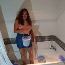CandyCustard: MyPierogative gunged in pink top, denim skirt and nude tights
