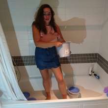 CandyCustard: MyPierogative gunged in pink top, denim skirt and nude tights