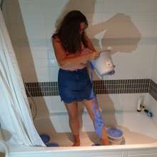 CandyCustard: MyPierogative gunged in pink top, denim skirt and nude tights