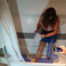 CandyCustard: MyPierogative gunged in pink top, denim skirt and nude tights