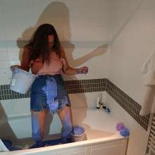 CandyCustard: MyPierogative gunged in pink top, denim skirt and nude tights