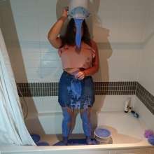 CandyCustard: MyPierogative gunged in pink top, denim skirt and nude tights