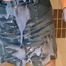 CandyCustard: MyPierogative gunged in pink top, denim skirt and nude tights