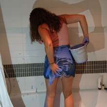 CandyCustard: MyPierogative gunged in pink top, denim skirt and nude tights