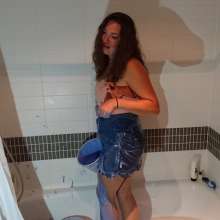 CandyCustard: MyPierogative gunged in pink top, denim skirt and nude tights