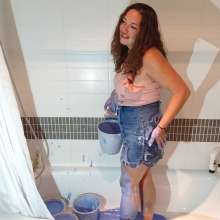 CandyCustard: MyPierogative gunged in pink top, denim skirt and nude tights