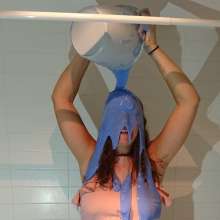 CandyCustard: MyPierogative gunged in pink top, denim skirt and nude tights