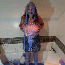 CandyCustard: MyPierogative gunged in pink top, denim skirt and nude tights