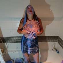 CandyCustard: MyPierogative gunged in pink top, denim skirt and nude tights