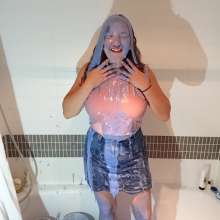 CandyCustard: MyPierogative gunged in pink top, denim skirt and nude tights