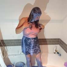 CandyCustard: MyPierogative gunged in pink top, denim skirt and nude tights