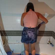 CandyCustard: MyPierogative gunged in pink top, denim skirt and nude tights