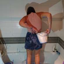 CandyCustard: MyPierogative gunged in pink top, denim skirt and nude tights
