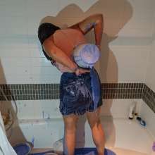 CandyCustard: MyPierogative gunged in pink top, denim skirt and nude tights