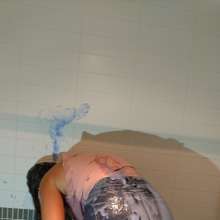 CandyCustard: MyPierogative gunged in pink top, denim skirt and nude tights