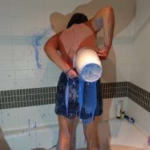CandyCustard: MyPierogative gunged in pink top, denim skirt and nude tights
