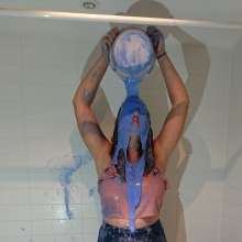 CandyCustard: MyPierogative gunged in pink top, denim skirt and nude tights