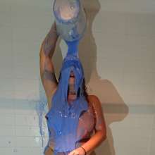 CandyCustard: MyPierogative gunged in pink top, denim skirt and nude tights