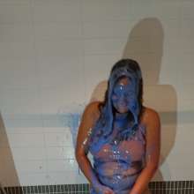 CandyCustard: MyPierogative gunged in pink top, denim skirt and nude tights