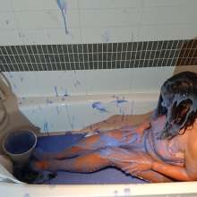 CandyCustard: MyPierogative gunged in pink top, denim skirt and nude tights