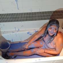 CandyCustard: MyPierogative gunged in pink top, denim skirt and nude tights