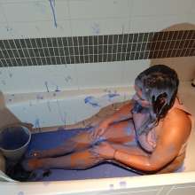 CandyCustard: MyPierogative gunged in pink top, denim skirt and nude tights