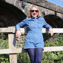 DungeonMasterOne: Felicity gets soaked in the river in a denim playsuit, tights, and boots!