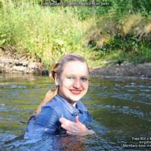 DungeonMasterOne: Felicity gets soaked in the river in a denim playsuit, tights, and boots!
