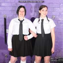 DungeonMasterOne: Schoolgirl Pie Fight!  Maude and Rosemary, uniforms, white socks, 50 pies!