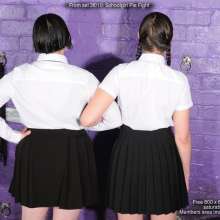 DungeonMasterOne: Schoolgirl Pie Fight!  Maude and Rosemary, uniforms, white socks, 50 pies!