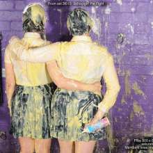 DungeonMasterOne: Schoolgirl Pie Fight!  Maude and Rosemary, uniforms, white socks, 50 pies!