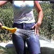 MadelineOasis: Two Friends Wearing Jeans and White Tees in a Garden Fountain and a Hose