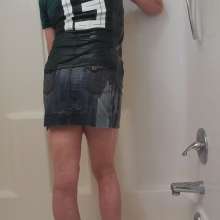 MadelineOasis: Short Denim Skirt and Sports Jersey in Shower