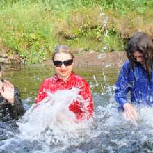 DungeonMasterOne: Three happy girls fully-clothed in the river!
