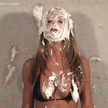Anglefan: Hot busty blonde Natalie gets pied in a black thong!