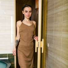 wet.look.me: Wetlook sexy girl in dress and pantyhose in bath| Wetlook.biz