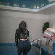 wet.look.me: Wetlook girls in pool in leather and jeans get wet| Wetlook.biz