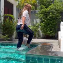 Wet_look_elena: Blue Jeans and Thin White Top in Pool and Shower