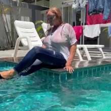 Wet_look_elena: Blue Jeans and Thin White Top in Pool and Shower