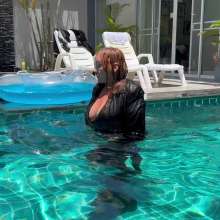 Wet_look_elena: Full Leather in the Pool