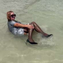 Wet_look_elena: Silver Dress and Stockings in the Sea