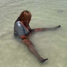 Wet_look_elena: Silver Dress and Stockings in the Sea