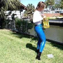 Tight and Wet Clothes: Leather Jeans Get Oiled and Watered