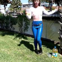 Tight and Wet Clothes: Leather Jeans Get Oiled and Watered