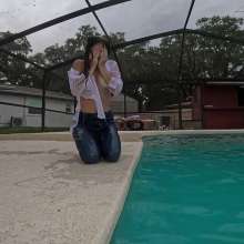 WetlookFashion: Nathalia Swims in Jeans and a Sheer Shirt