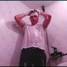 WETColours: Gordy in the Shower with White Polo and Jeans with Shampoo